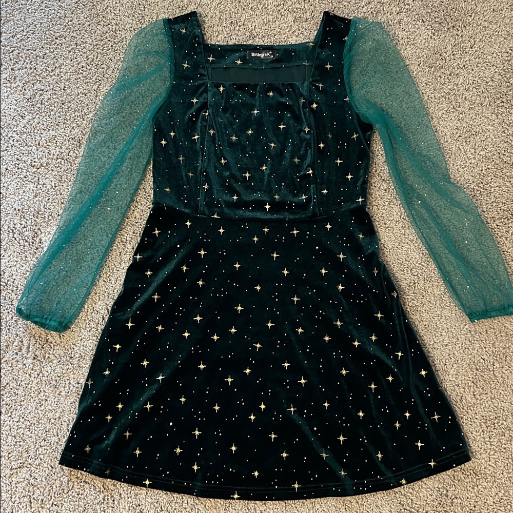 Allegra K Emerald Velvet Dress with Gold Accents and Sheer Sleeves